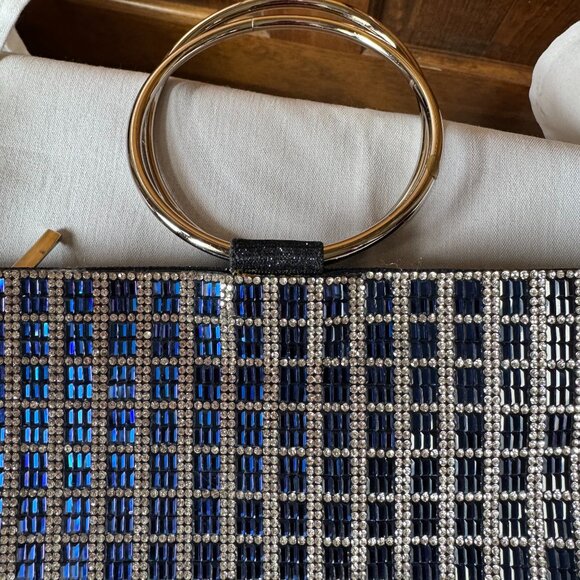 Nina Sandia Blue & Diamond Crystal Embellished Evening Bag w/Silver Rings Handle - Picture 13 of 16